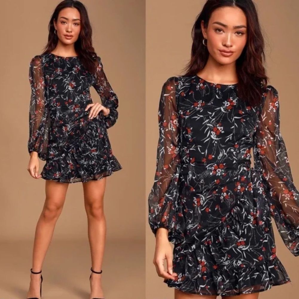 ✨HP✨Petal to The Metal Black Floral Print Chiffon Mini Dress✨